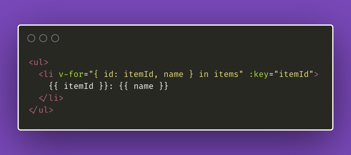 stuartashworth9's tweet image. Vue.js Tip: You can rename destructured variables in v-for loops just like you can in regular JavaScript. Very useful to avoid name conflicts or lint complaints!
stuartashworth.com/blog/renaming-… #VueJS #vuejstips #javascript