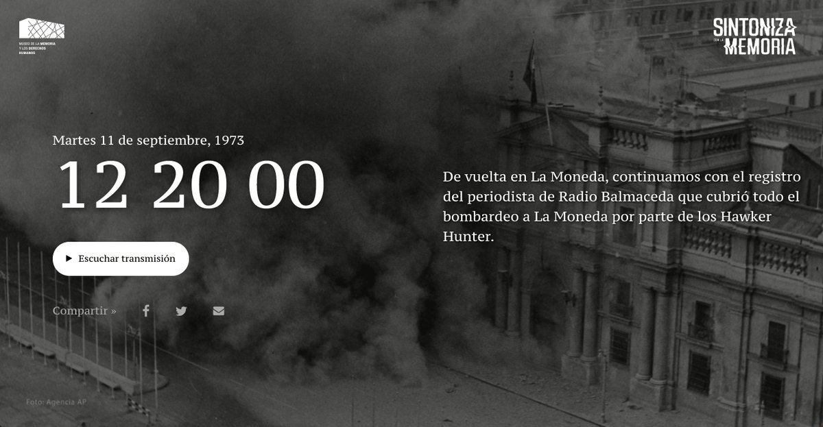 #SintonizaconlaMemoria📻

Escucha en tiempo real el minuto a minuto del #golpedeEstado en Chile a través de archivos radiales de la época que son parte de las colecciones del Museo.

sintonizaconlamemoria.cl￼

#11desdelosSentidos
#11deSeptiembre
#ParaQueNuncaMas
#GolpeDeEstado