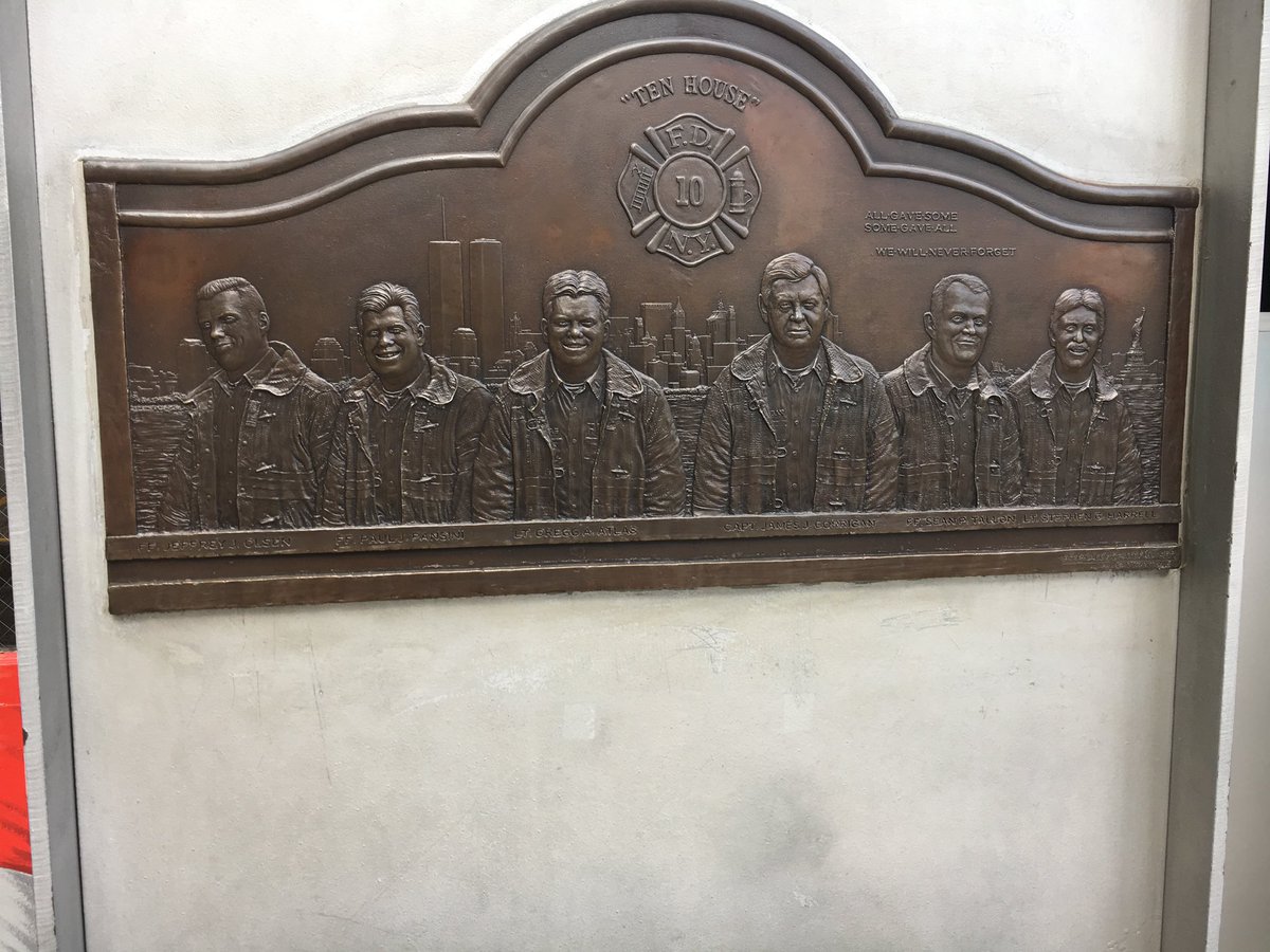 CharlesC1976's tweet image. Pic of memorial plaque at #10House #NYFD across from #WTC of members lost #9/11. At far right is Lt. Stephen Harrell #NeverForget