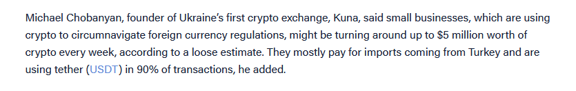 jp_koning's tweet photo. Ukrainian businesses are using Tether, a US$ stablecoin, to pay for imports from Turkey. Interesting tidbit from @baidakova: https://t.co/gtknl2sRqo

[Tether is a way around Ukraine's strict foreign exchange controls, detailed here: https://t.co/blxkKKzUol] https://t.co/XIRVhxGpW1