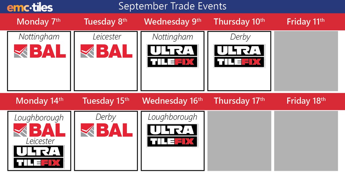 emctiles's tweet photo. Happy Monday!😀

We're kicking off our second week of trade events with @BALtiling &amp; @UltraTileFix! Check out the calendar below for details of where &amp; when you can still catch them! 

👉 https://t.co/JjcdL74KZy
👉 https://t.co/mKrptzBpzw

#loughborough #leicester #derby #tilers https://t.co/KEDokH1E1s