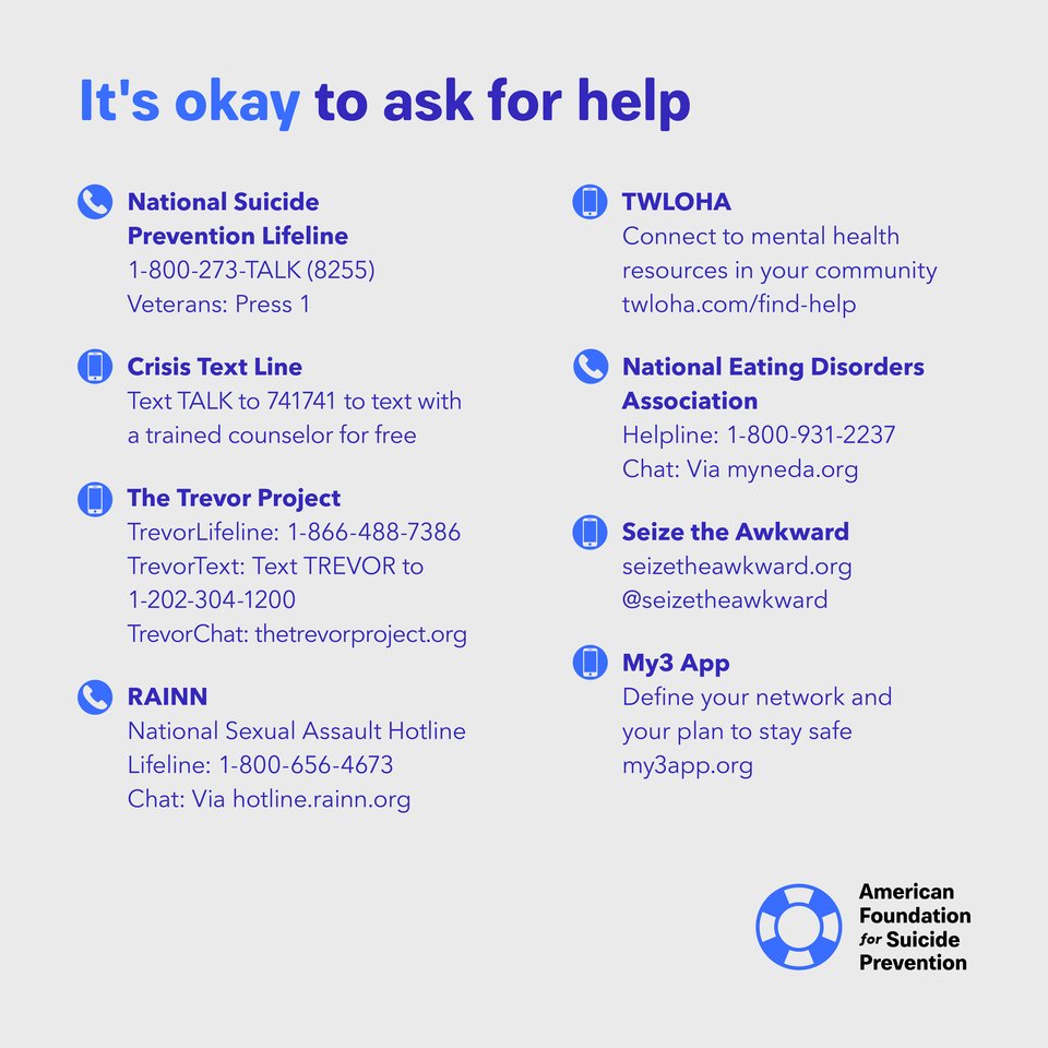 afspnational's tweet image. Adding crisis resources to your phone helps normalize seeking mental health care. 

We encourage you to add some of the resources included below to your contacts for easy access in a time of need, and tag a friend or family member to do the same! #KeepGoing