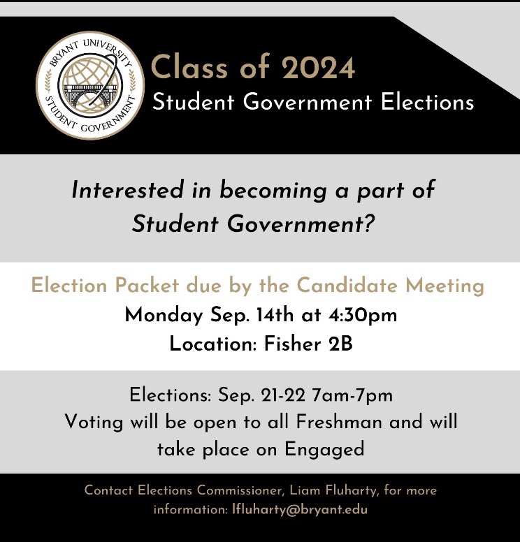 There are 5 open senate seats for the class of 2024!! This is great way to get involved on campus and serve as a voice for your fellow students! Due on Monday by 4:30.  <a href="/BryantUSG_/">Bryant Student Gov.</a> 
engaged.bryant.edu/submitter/form… #bebryant <a href="/lifeatbryant/">Bryant Student Life</a> <a href="/BryantUniv/">Bryant University</a>