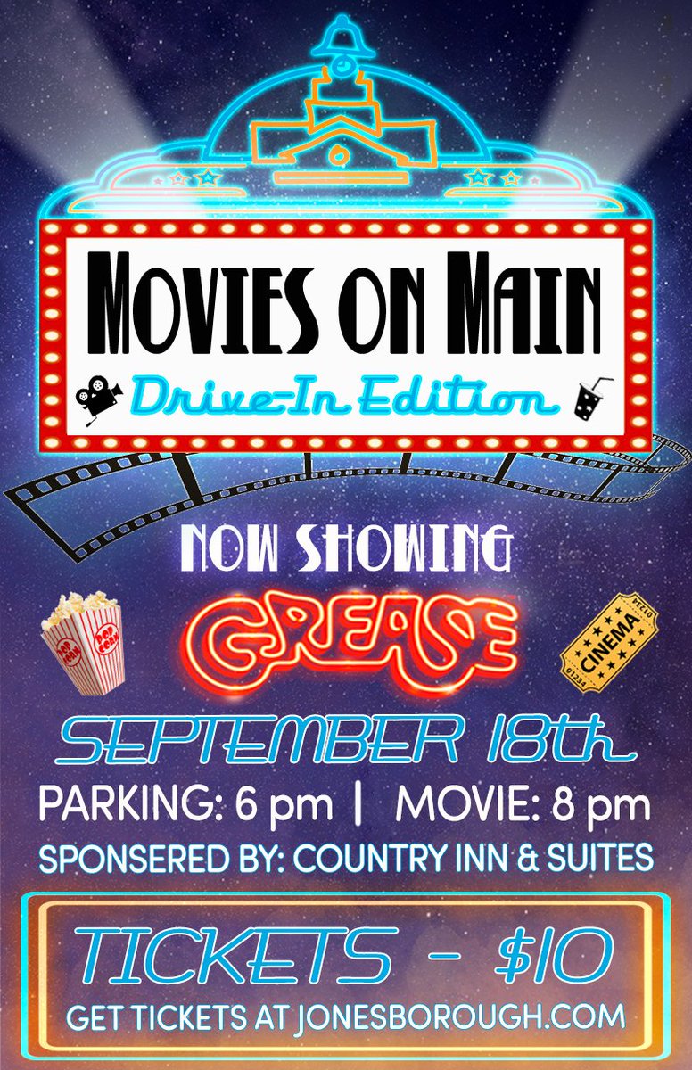 Jonesborough's tweet image. Movies on Main: Drive-In Edition is returning this month, just in time for Bristol&apos;s Race Week! 🏎 🙌🏽

This month’s featured movie, “Grease”, will be shown on Friday, September 18 💃🏽🕺🏽🎶

To purchase a ticket, please visit Jonesborough.com 🎟 🤗