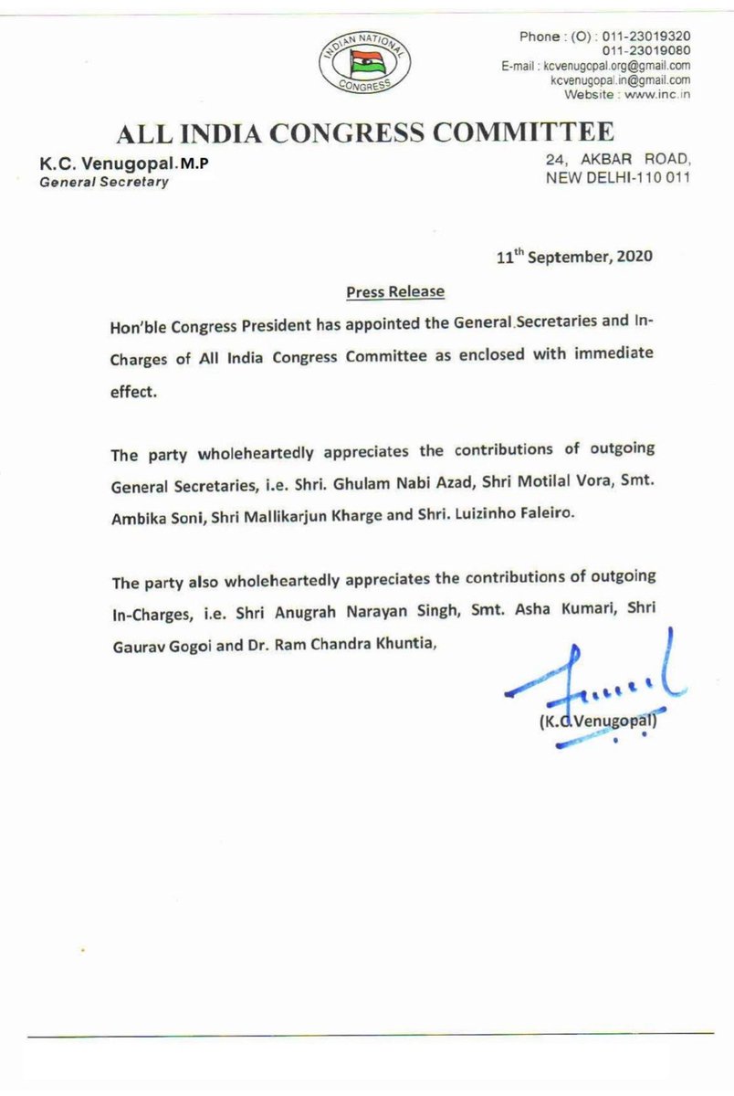 INCIndia's tweet photo. AICC General Secretaries as appointed by Congress President Smt. Sonia Gandhi. https://t.co/MyLVgg6ukU