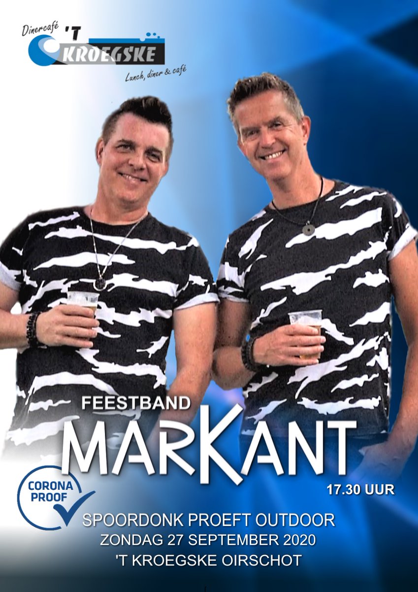 #spoordonkproeftoutdoor marKant zondag 27 september rond 17.00 uur #kroegskeOirschot
Live muziek, foodtruck, gezellige borrelavond met de lekkerste meezingers. Op een nieuw verwarmd en met een stretchtent overdekt terras! Informatie: kroegske.nl of Facebook marKant