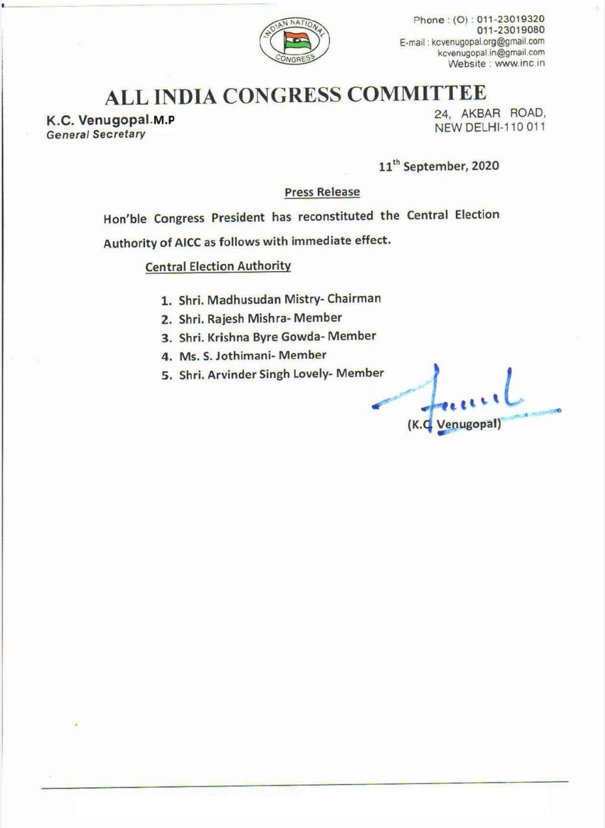 INCIndia's tweet photo. Congress President Smt. Sonia Gandhi has reconstituted the AICC Central Election Authority. https://t.co/BhfBnejk3P