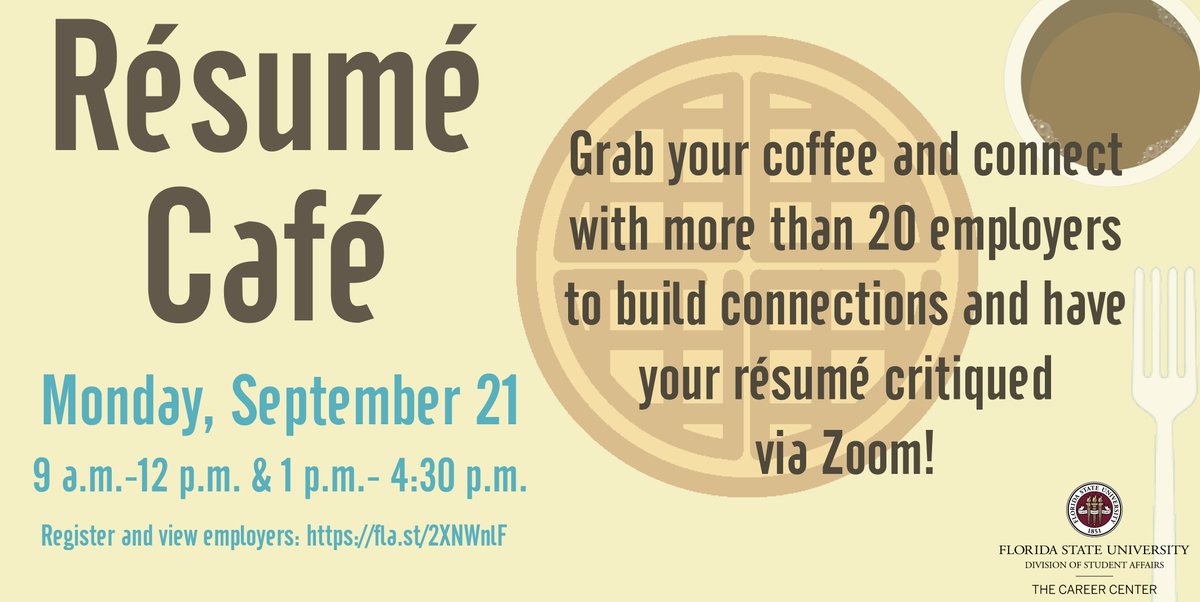 FSUCareerCenter's tweet photo. Career Fair Week starts in less than one week! 

🔍📃Receive 1:1 resume critiques from industry experts at a Resume Cafe. 
 
🤝Connect with hiring employers at Seminole Futures and the STEM Career &amp; Internship Fair.  

Learn more➡️ https://t.co/0nNxjyriWh

#DesignYourCareer https://t.co/KlWZ9MBfSk