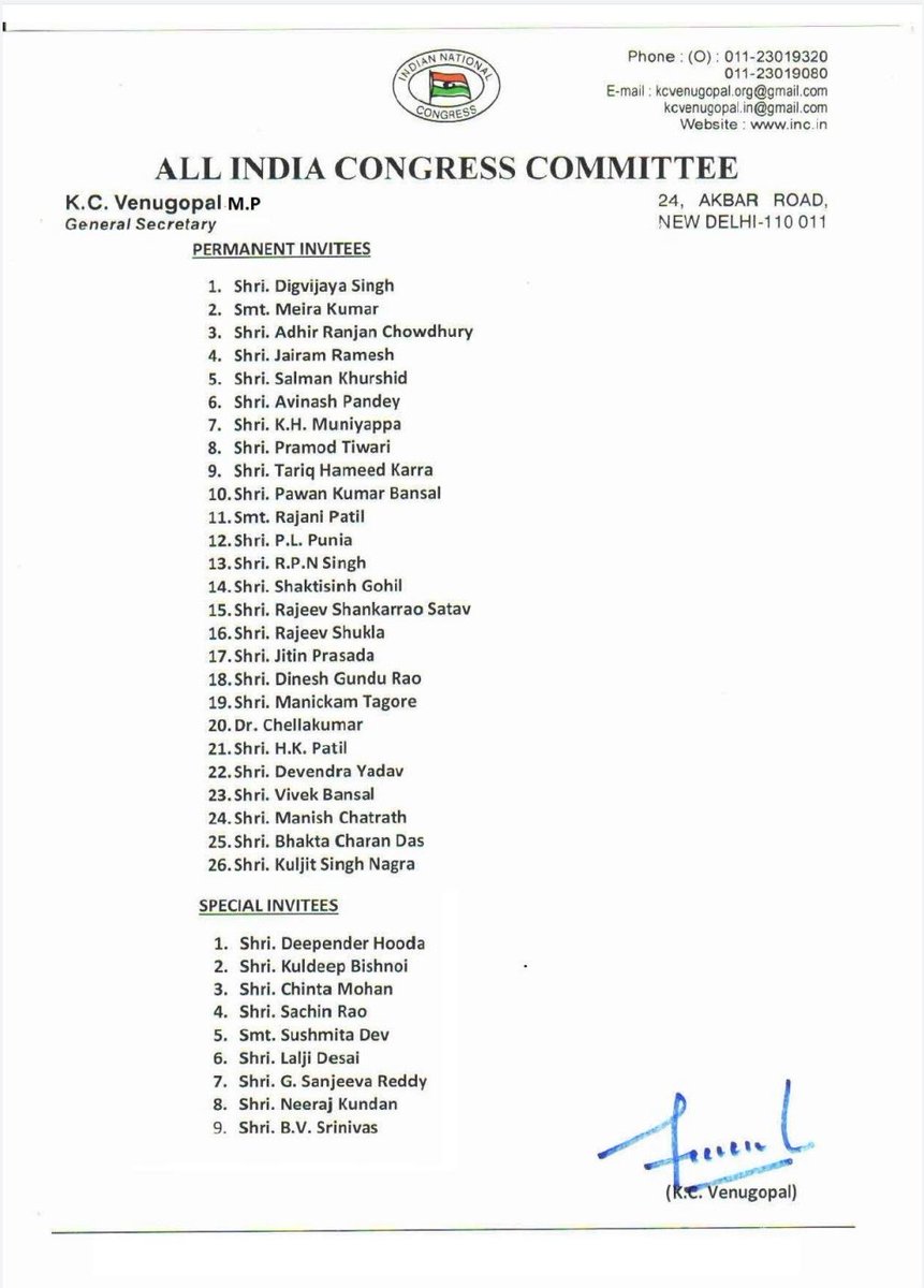 INCIndia's tweet photo. Congress President Smt. Sonia Gandhi has reconstituted the Congress Working Committee as follows: https://t.co/Fti9oYxJUr