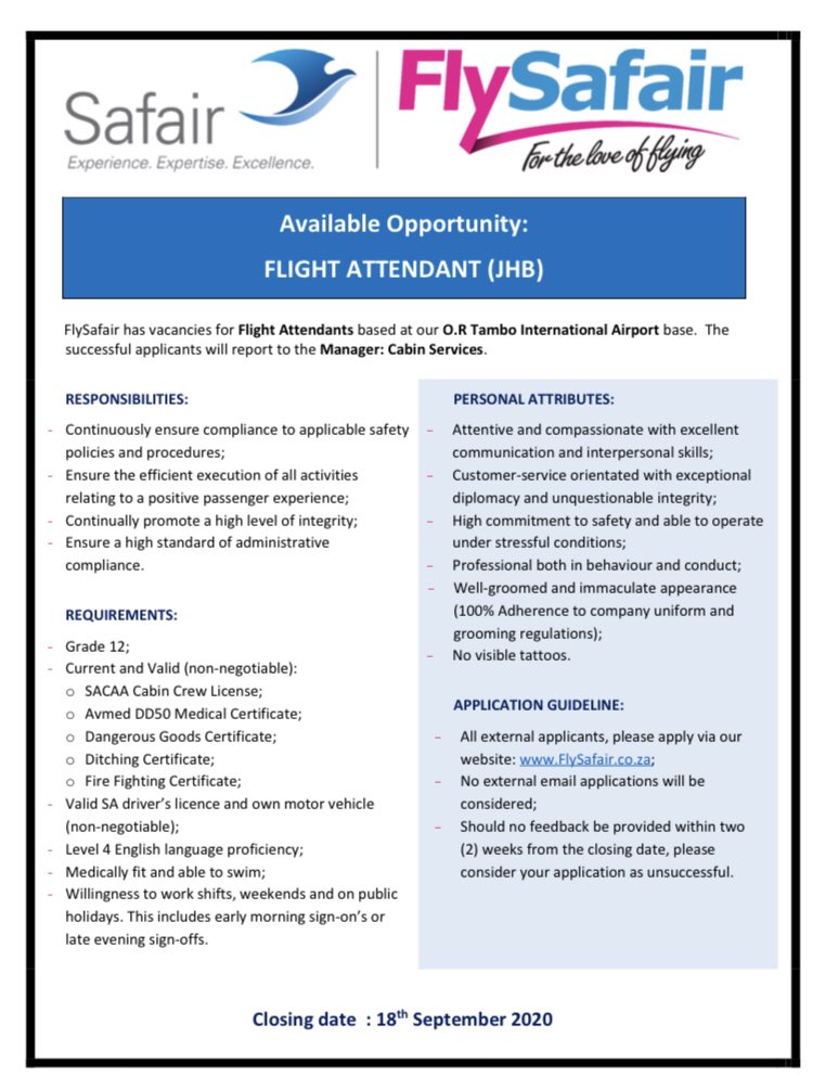 TlhogiiTshite's tweet photo. Vacancies at FlySafair. Apply apply apply!!! #JobSeekersSA #GirlTalkZA https://t.co/znrlVBWV3C