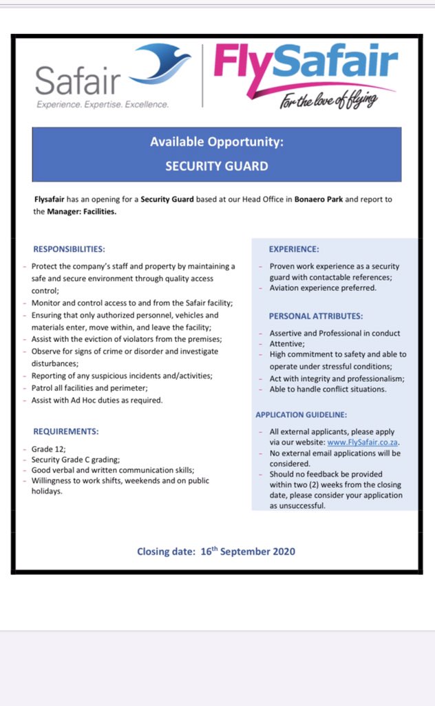 Vacancies at FlySafair. Apply apply apply!!! #JobSeekersSA #GirlTalkZA