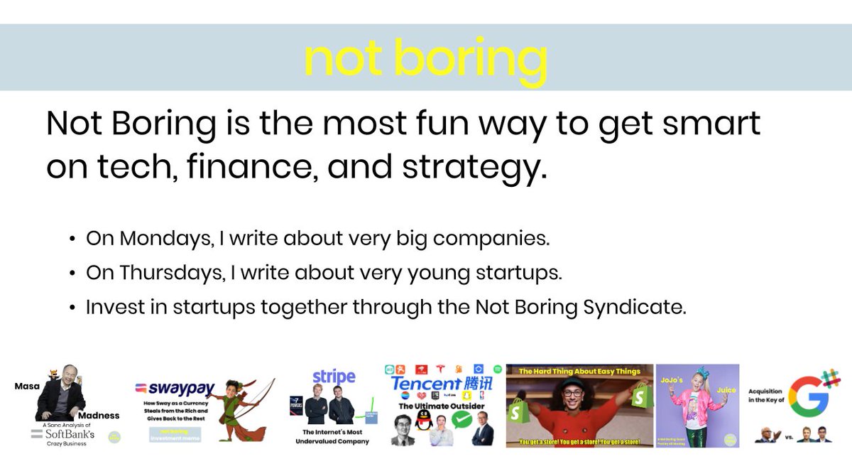 not boring is company deep dives, fantasy m&a, guest posts, the Not Boring Syndicate, and more coming soon.