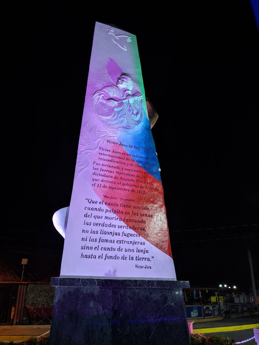 The other side of the monument in Nicaragua's Puerto Salvador Allende honors legendary Chilean musician Víctor Jara.The US-backed fascist Pinochet dictatorship threw Jara in a concentration camp for leftists, tortured him, cut off his fingers, taunted him to sing, then shot him