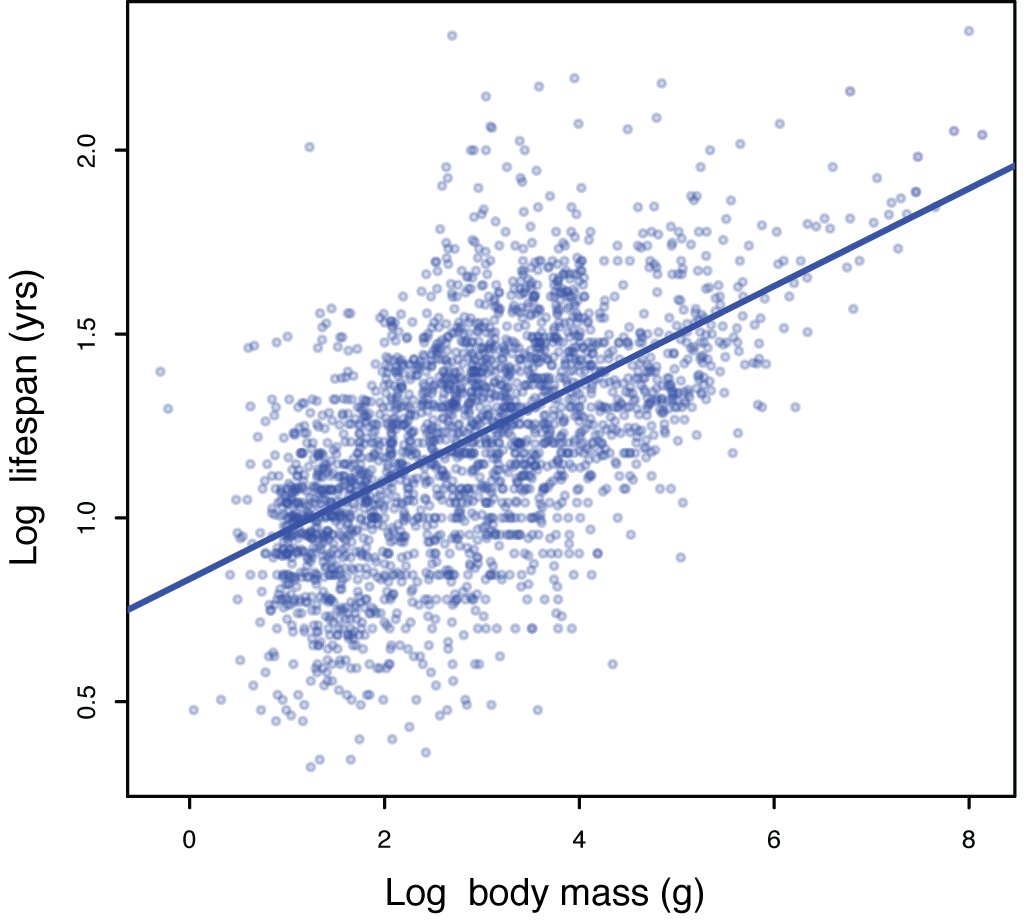 Since we had ancestral reconstructions of body mass, and body mass and lifespan are well correlated, we could estimate intrinsic cancer risk (thanks to some math provided by Peto)...As expected, as species get big (and longer lived) their intrinsic risk of cancer decreases