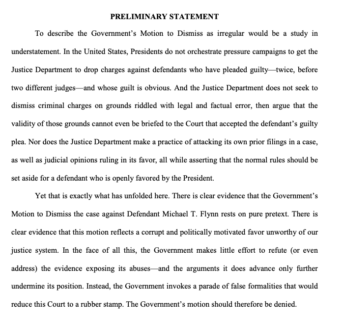 JUST IN: Adviser appointed by Judge Sullivan in FLYNN case urges him to deny DOJ's motion to dismiss the case, calling its decision a clear pretext for Trump's pressure campaign. Flynn's guilt is "obvious" he argues.
