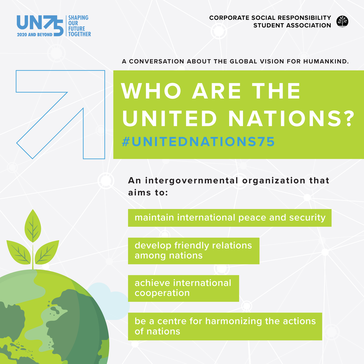CSRSARYERSON's tweet image. Join us on September 21st at 12pm and have your voice heard at our commemoration of the UN’s 75th anniversary. Swipe left for some fast facts about the UN, as well as the topics that will be discussed! 

Please visit the link in our bio to register!