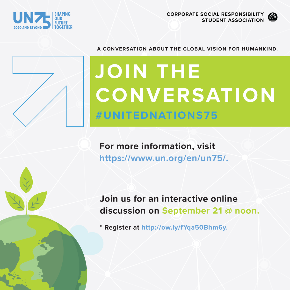 CSRSARYERSON's tweet image. Join us on September 21st at 12pm and have your voice heard at our commemoration of the UN’s 75th anniversary. Swipe left for some fast facts about the UN, as well as the topics that will be discussed! 

Please visit the link in our bio to register!