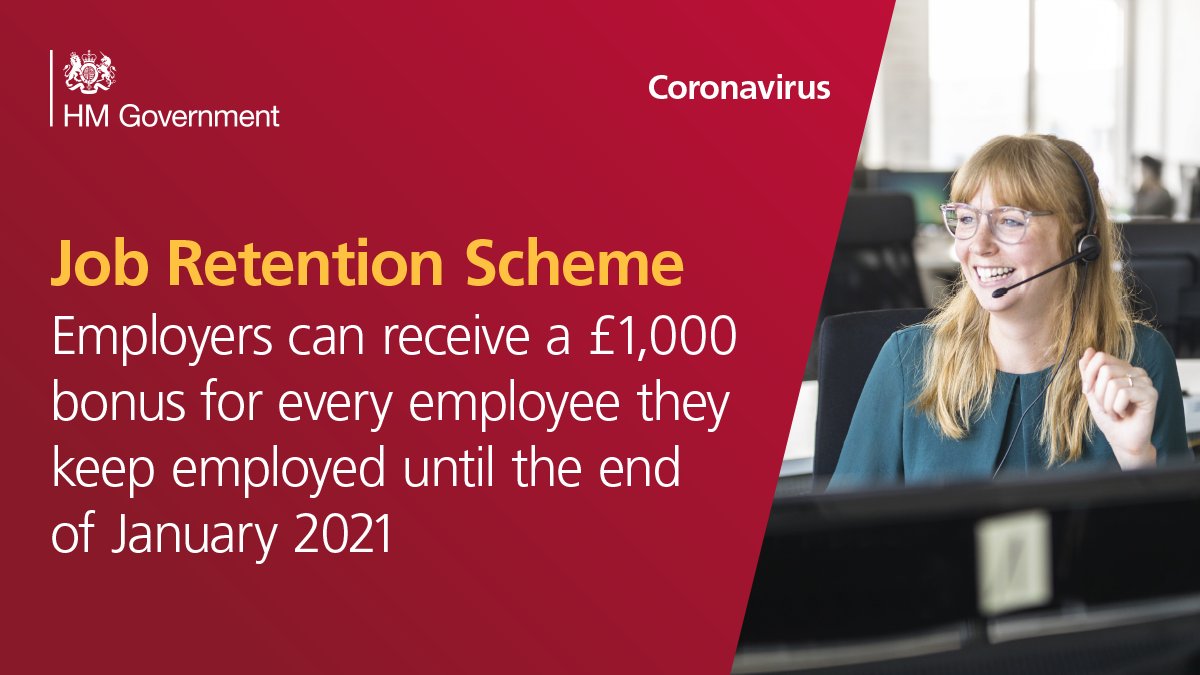 HMRCgovuk's tweet photo. Employers: get a £1,000 bonus for every furloughed employee you bring back until the end of January 2021. More info on how to get ready here 👇
https://t.co/ajqyXvOh5x https://t.co/hI0EH8MT7P