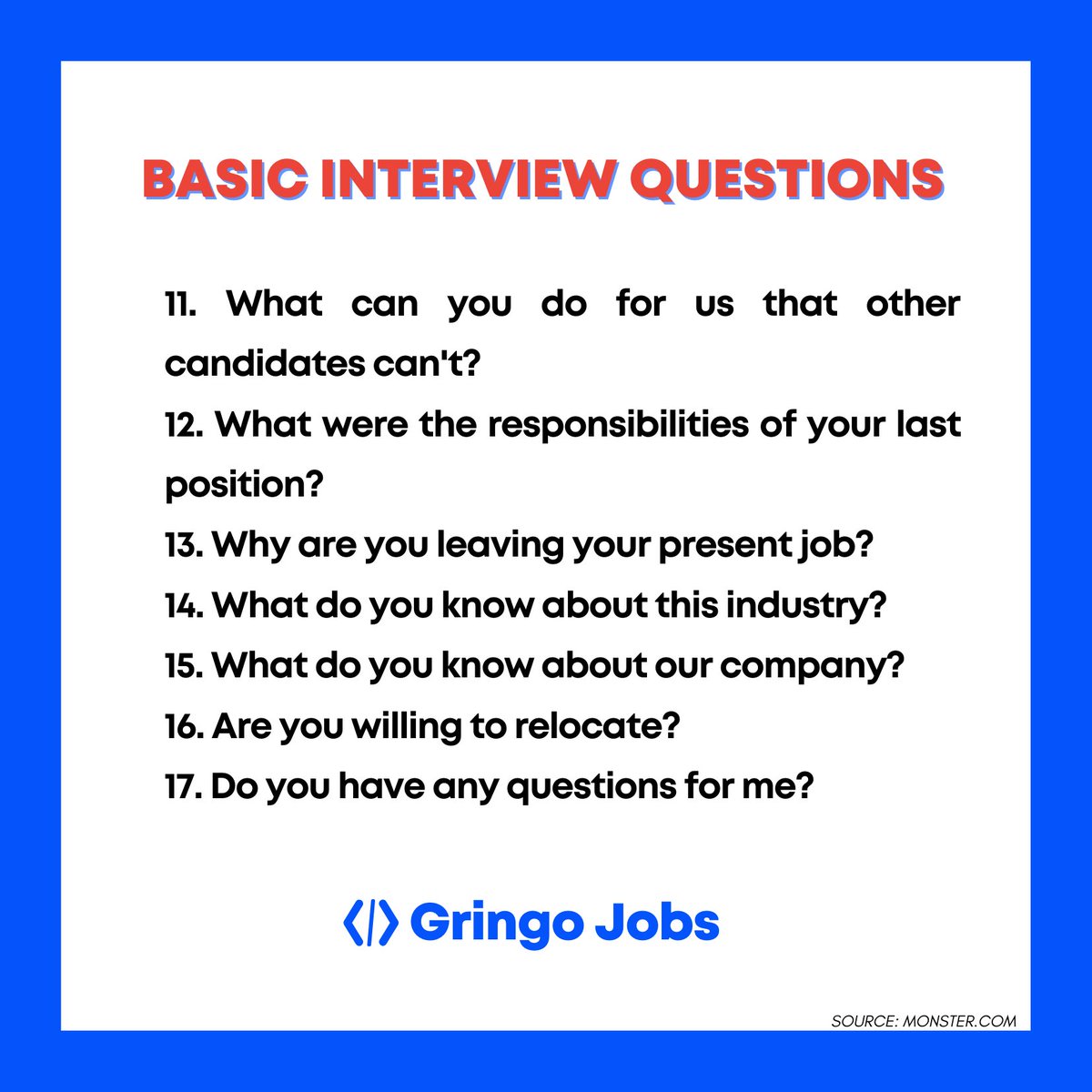 BASIC INTERVIEW QUESTIONS to practice in english 11-17/100Do you ask something when the interviewer asks if you have any questions? #GringoJobs