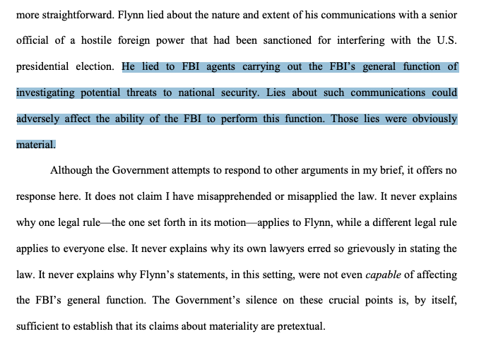 The adviser, John GLEESON, argues that Flynn's lies were obviously "material" to the FBI's ability to protect national security and that DOJ's determination they were not "material" conflicts with its handling of other cases — and its prosecutors' arguments earlier in the case.