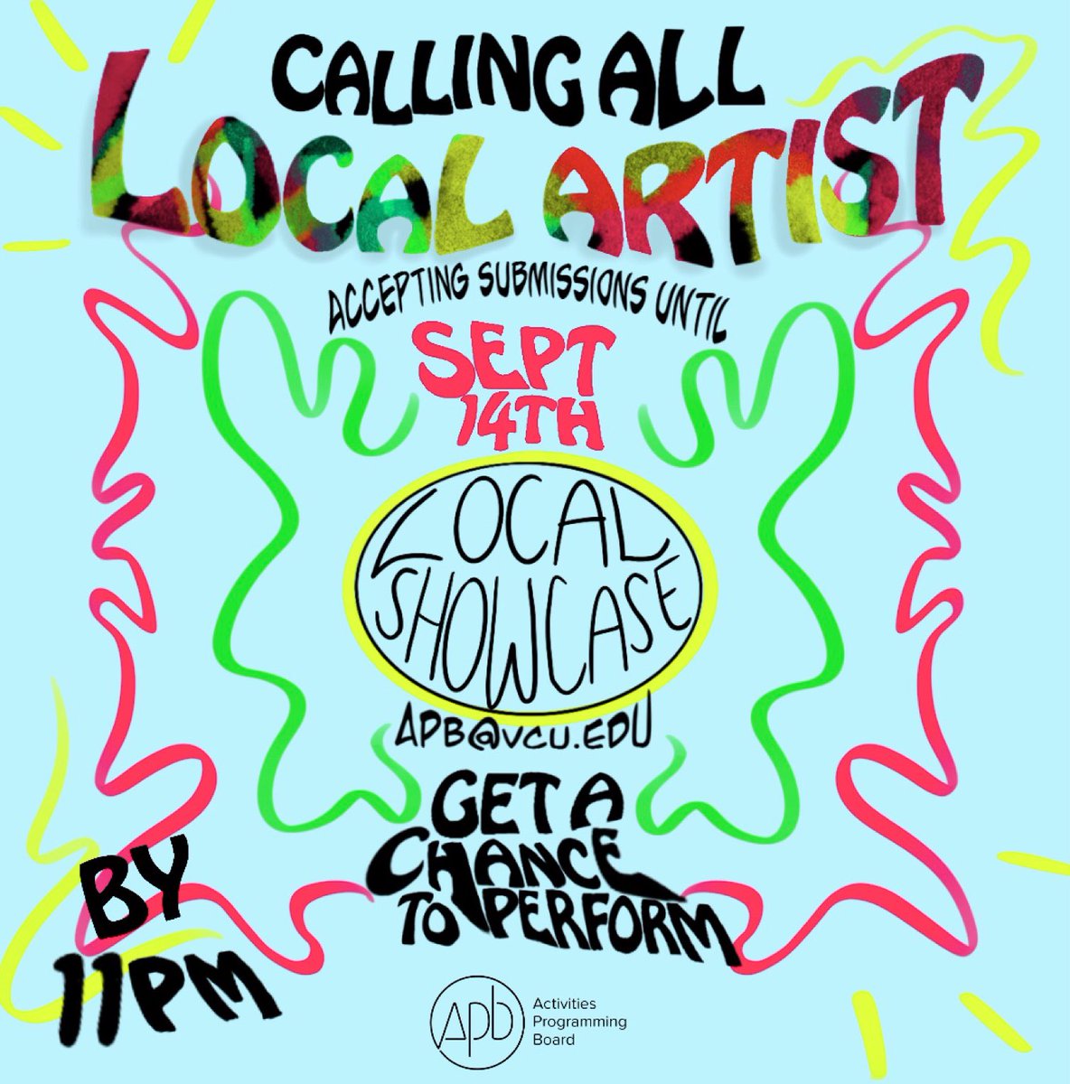 APB is calling all artist of any genre to submit performances for a virtual artist showcase later in the semester! Submit either video or audio performances to our email apb@vcu.edu. Please have all submissions in by 11pm on Sept 14th.