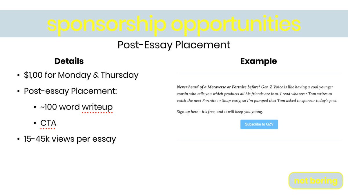 Just want to dip your toe in the not boring water? I'm doing mid-or-post-essay placements for $500/spot.Big ups to  @tdozzi at Gen Z Voice for being the first person to ever pay not boring for a spot:  https://genzvoice.substack.com/&nbsp;