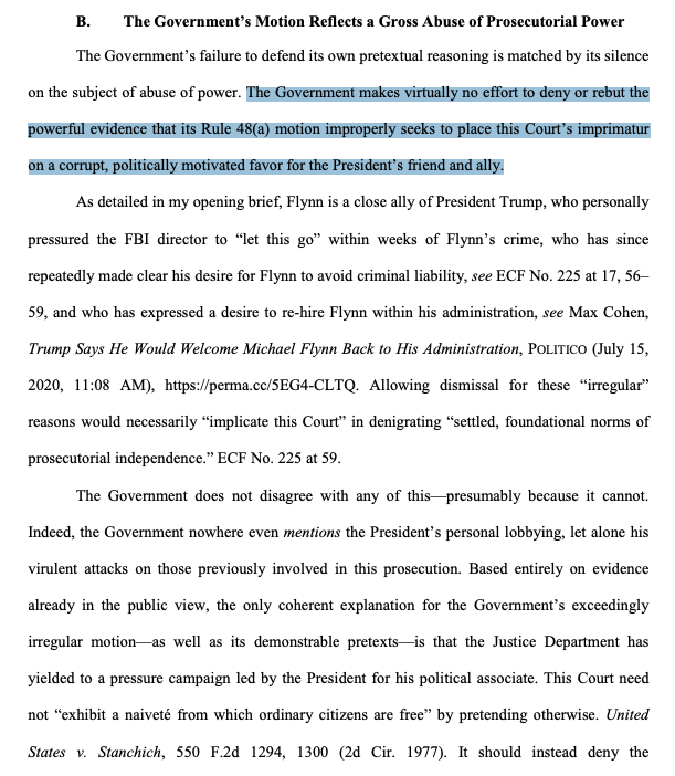 GLEESON also argues that DOJ is asking the court to put its imprimatur on an obviously "corrupt, politically motivated favor" for an ally of the president.
