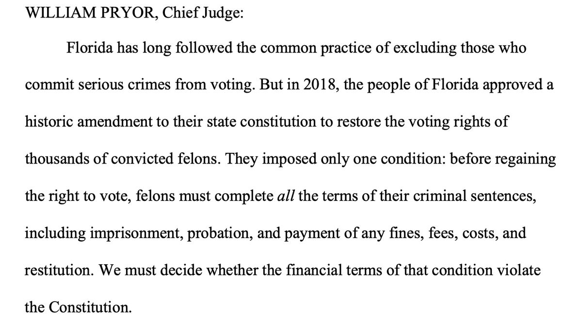 The pro-Jim Crow 11CA opinion starts off by blatantly lying about the amendment passed in Florida in 2018. The poll tax was imposed by the Florida legislature, not the amendment itself:  https://assets.documentcloud.org/documents/7206660/9-11-20-Jones-v-Florida-11th-Opinion.pdf