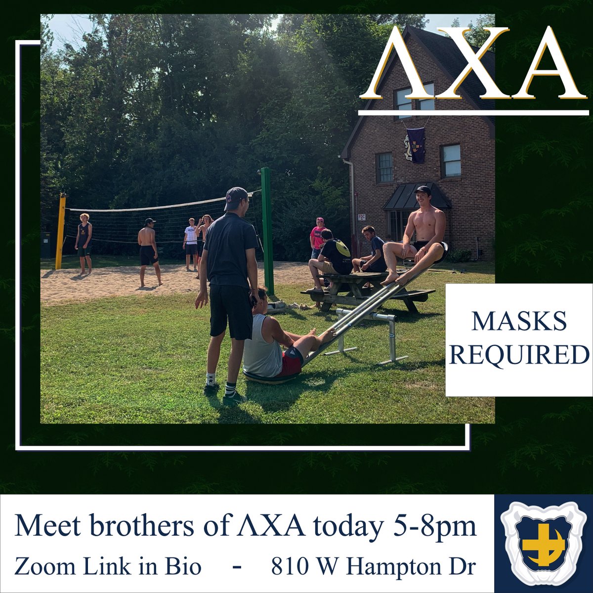 Come meet the brothers of Lambda Chi Alpha today at 5-8pm! 🤟
Register to come: bit.ly/32qfqFr

Or Join us on Zoom
Meeting ID: 974 7364 1167

810 W Hampton Dr.

#ΛΧΑ #ChopsOnTop