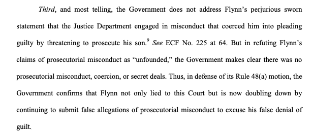 GLEESON homes in on another key point: That Flynn claims he was pressured by prosecutors to plead guilty while DOJ still maintains there is no evidence of prosecutorial misconduct.