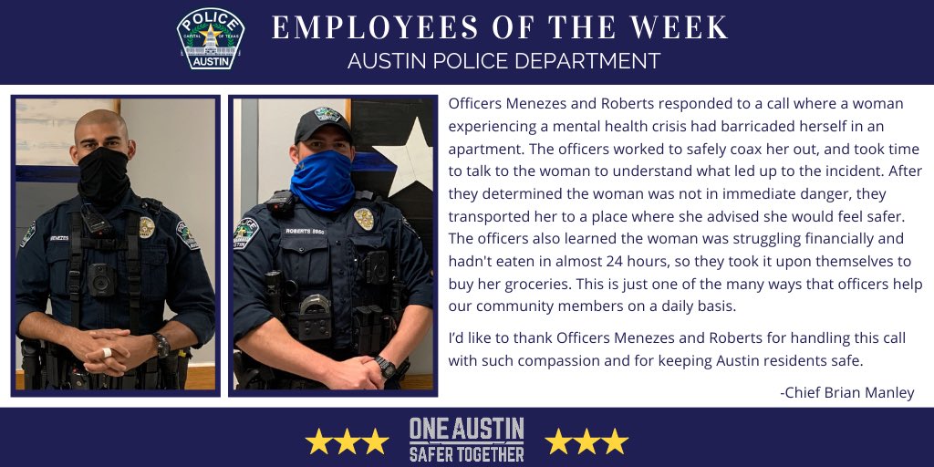 Chief_Manley's tweet photo. Please join me in recognizing @Austin_Police Officers Sean Menezes and Chad Roberts as our APD Employees of the Week! #OneAustinSaferTogether https://t.co/73GF7CqJSx