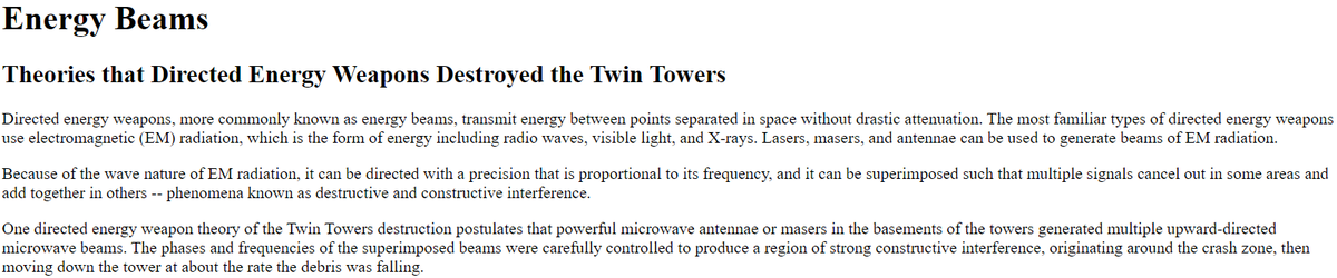 Oct 2003 Hoffman also considered "directed energy weapons" & "radiant energy projectiles" but "impossible to work out their details" for such "secret weapons technologies" although not implausible b/c US had"large highly secret black-budget projects"12/ https://web.archive.org/web/20040213113620/http://911research.wtc7.net/wtc/analysis/theories/index.html