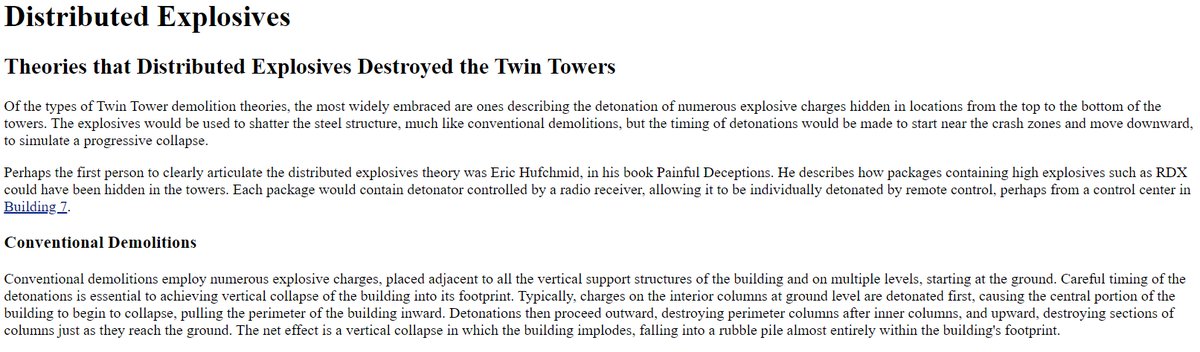 Oct 2003 Jim Hoffman also did NOT believe basement bombs taking out the core structures could explain "observed methodical destruction starting from the crash zones and proceeding down the towers" which he said only required high explosives11/ https://web.archive.org/web/20031005180622/http://911research.wtc7.net/wtc/analysis/theories/explosives.html