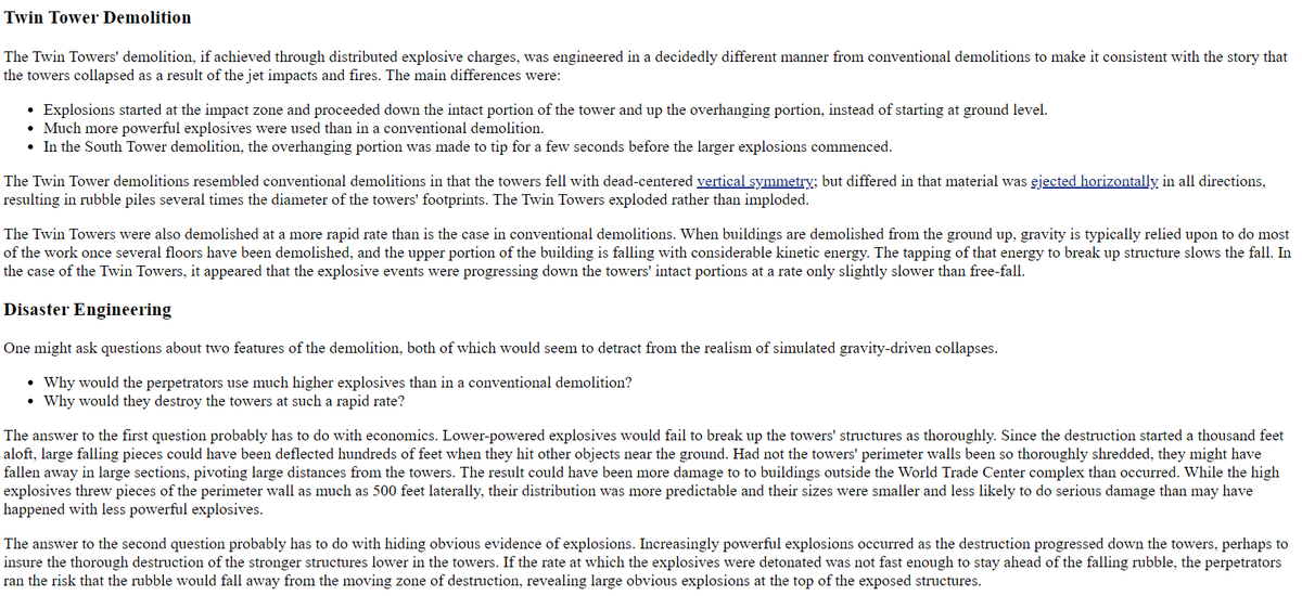 Oct 2003 Jim Hoffman also did NOT believe basement bombs taking out the core structures could explain "observed methodical destruction starting from the crash zones and proceeding down the towers" which he said only required high explosives11/ https://web.archive.org/web/20031005180622/http://911research.wtc7.net/wtc/analysis/theories/explosives.html