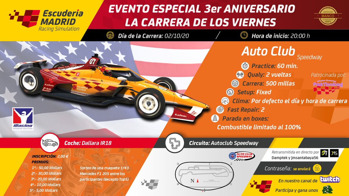 EscuderiaMadrid's tweet photo. 🔴🔴🔴INSCRIPCIONES ABIERTAS🔴🔴🔴 evento especial de #lacarreradelosviernes 3er aniversario. 
500 MILLAS DE CALIFORNIA

https://t.co/SrOi1pFiWO

44 plazas por riguroso orden de inscripción. El resto de pilotos serán reserva por si alguien no confirma su plaza. PARTICIPA!🎂💯🏁🏆 https://t.co/TMKnnDDEjw