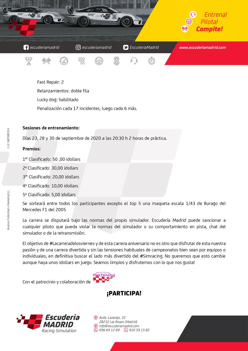 EscuderiaMadrid's tweet photo. 🔴🔴🔴INSCRIPCIONES ABIERTAS🔴🔴🔴 evento especial de #lacarreradelosviernes 3er aniversario. 
500 MILLAS DE CALIFORNIA

https://t.co/SrOi1pFiWO

44 plazas por riguroso orden de inscripción. El resto de pilotos serán reserva por si alguien no confirma su plaza. PARTICIPA!🎂💯🏁🏆 https://t.co/TMKnnDDEjw