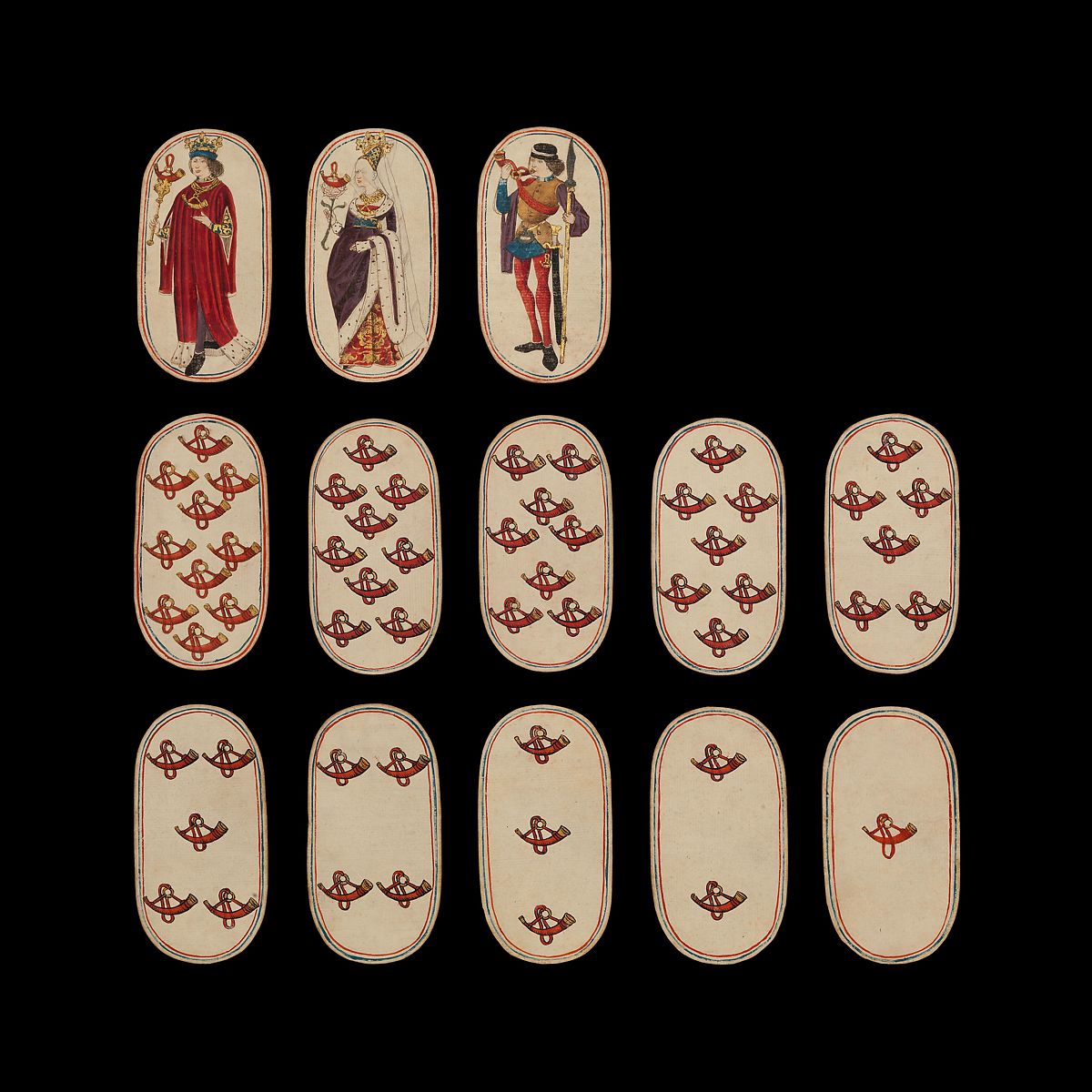 hearthspell's tweet photo. This illuminated deck of playing cards is the only know complete deck from the 15th century. The suits correspond to the hunt; horns, collars, tethers, and nooses. The style and costuming of the drawing suggests the artist was lampooning the local aristocracy. https://t.co/8sHJ8DtVPu