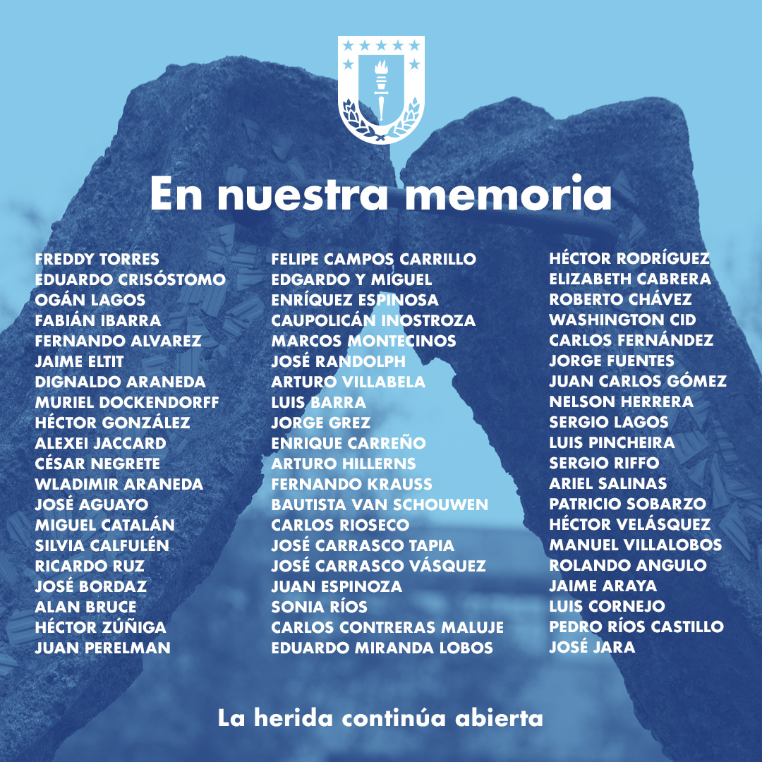 #MemoriaUdeC: Hoy, 11 de septiembre, recordamos especialmente a quienes forman parte de nuestra comunidad y fueron víctimas de la dictadura. Solo avanzaremos al alcanzar verdad, justicia y reparación.