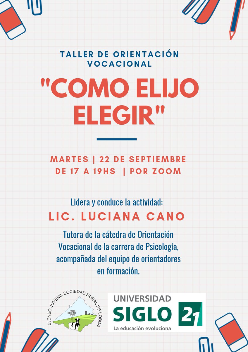 Si aun no sabes que estudiar 🤔, no te podes perder este taller increíble. 🤩
¨Como elijo elegir¨ Taller de Orientación Vocacional. 📚
 
👉Inscripción: forms.gle/h216tJvUFCLz8W… 💻📱

👉Por zoom 💻🖥️📱

👉🗓️ MARTES  22 de Septiembre🕠 De 17 a 19hs 

👉No te la pierdas..!!