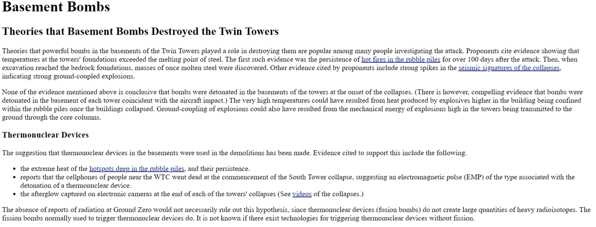 Oct 2003 Jim Hoffman still supported idea of "thermonuclear devices in the basements" citing earlier evidence, also afterglow at end of collapse. Absence of radiation rpts at GZ did not rule out but he didn't know if fissionless fusion bombs existed.10/ https://web.archive.org/web/20031005174521/http://911research.wtc7.net/wtc/analysis/theories/basementbomb.html