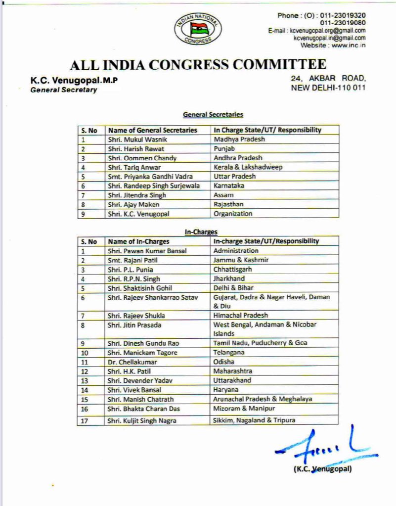 My humble thanks &amp; immense gratitude to <a href="/INCIndia/">Congress</a> President
Smt Sonia Gandhi ji,Sh. <a href="/RahulGandhi/">Rahul Gandhi</a> ji and Sh. <a href="/kcvenugopalmp/">K C Venugopal</a> ji for choosing me for this esteemed responsibility as the Incharge of <a href="/INCUttarakhand/">Uttarakhand Congress</a> and as a CWC member
I will try my best to live upto your expectations