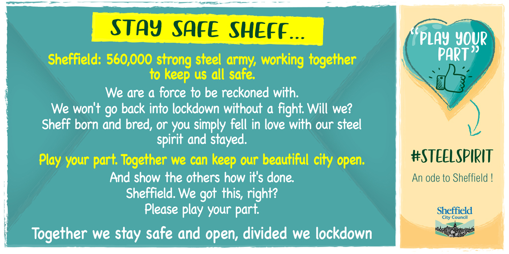 SheffCouncil's tweet photo. Sheffield - are we made of strong stuff? Want to keep our wonderful city open? Let's do this together:

+Wear a face covering
+Wash your hands
+Keep a safe distance
+Start practising safe six gatherings from this weekend

#SteelSpirit #PlayYourPart #StaySafeSheff https://t.co/hF9YLeNdE5