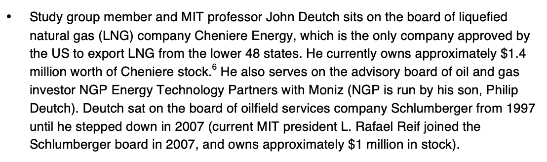 The report (which again, provided the argument for permitting LNG exports) was co-authored by former CIA director John Deutch. During the study period, Deutch was a director of Cheniere Energy, the first company to have its LNG export permit approved by the Obama administration.