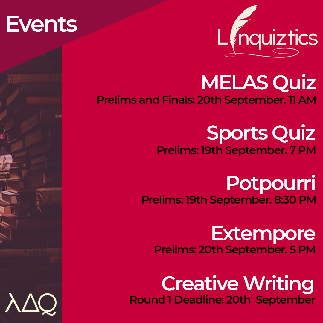 ldq_manipal's tweet photo. We can't think of a better promo for our first tweet!

The Literary, Debate, and Quiz Club presents - Linquiztics, a literary and quiz fest.

See you on the other side of these assignments! https://t.co/RqQWJ1jdP2