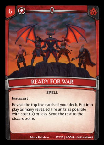 ArgentSaga's tweet photo. A deck centered around playing low cost Fire units to rush your opponent with powerful units and Quickness is a perfect fit for a finishing card like Ready for War.

CotW: https://t.co/s19IC8gtVc https://t.co/qx5biYa0Lr
