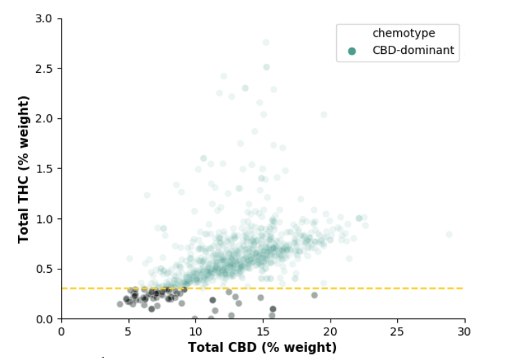 A hemp farmer could grow a high-CBD  #cannabis plant that falls below the dashed line in one harvest, then grow the same plant next harvest and see it fall above the line due to natural variation.This is why policy should be based on science and data, not arbitrary rules. 3/3