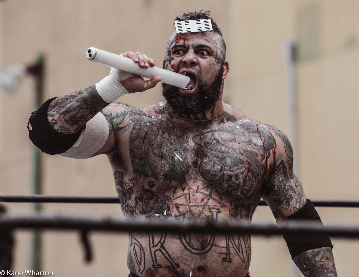 Kane_B13's tweet photo. Lunch time! @SHLAK187 From @GCWrestling_ #tournamentofsurvival. #NoGodOnlyShlak #deathmatch #gcwtos5 #GCW https://t.co/SuG96dQU6N