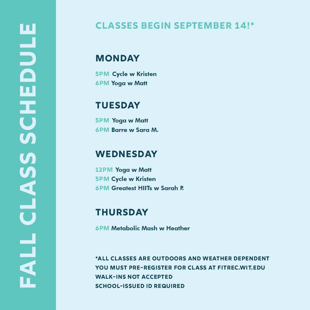 witfitrec's tweet photo. Group Ex classes are back beginning on September 14! Please note there are some changes due to COVID-19:

All classes are outdoor and weather dependent

You must PRE-REGISTER using our link at https://t.co/1nCCBBHpGU

Walk-ins not accepted

School-issued ID (and mask!) required https://t.co/Ez56ABhwhc