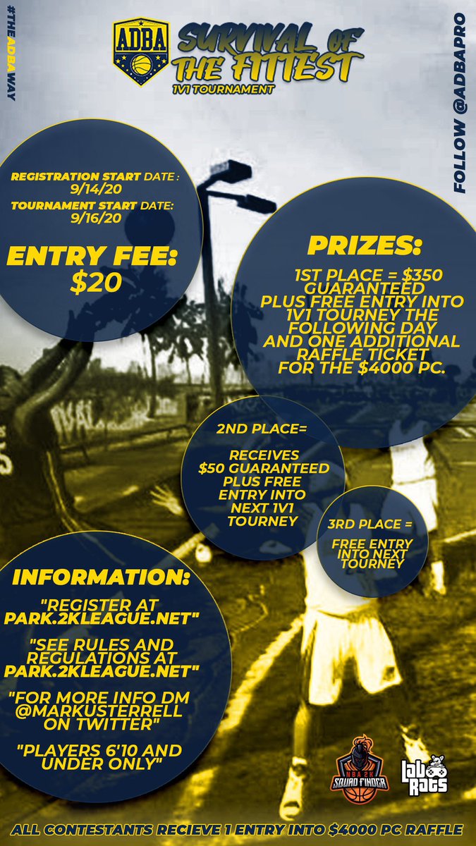 RNation2k's tweet photo. 🏆ADBA Community! 

We are starting off #NBA2K21 with our Survival of the Fittest 1v1 Tournament. 

▶ Guarantee Prizes to be won 
▶ Only the best will survive and become champion 
▶ Signup Here: https://t.co/7dLCKvveJI 
▶ https://t.co/NkCIrRldum

Discord invites will be sent! https://t.co/RirrtHu957
