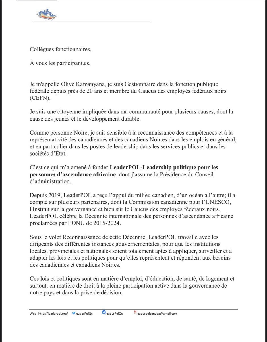 LeaderPOLCanada's tweet photo. (2/2) LeaderPOL est fiers de vous présenter les mots d'ouverture de la présidente devant plus de 10milles fonctionnaires fédéraux à l'école de la fonction publique #fbec #UNADD #CCUNESCO https://t.co/bLyJDqp2Cb